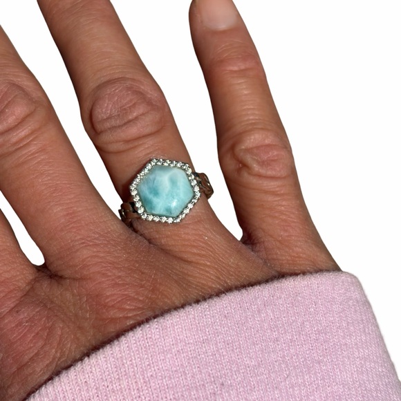 Elegant 925 Silver Cuban Band and and Blue Hexagon Larimar with CZ Halo Ring - Picture 3 of 6